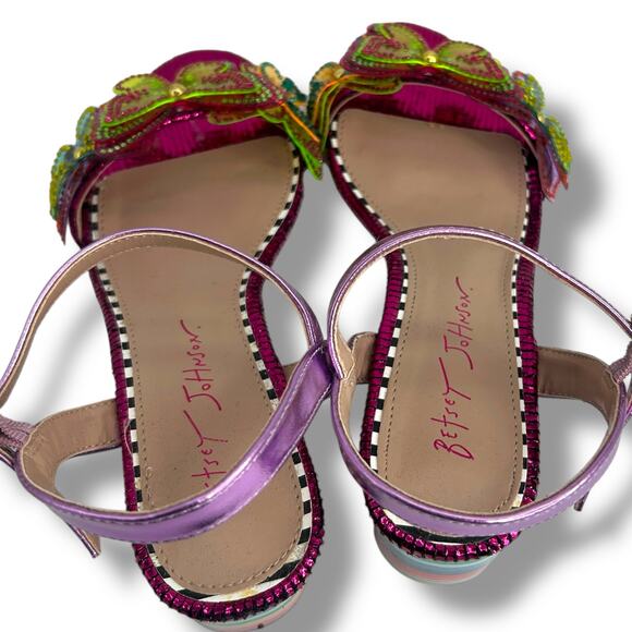 Betsey Johnson Rainbow Sequin Butterfly Heels Size 7 Pink Embellished Sandals - Picture 7 of 14
